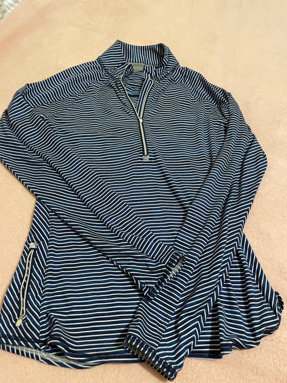 Athleta Striped Navy and White Quarter-Zip Pullover